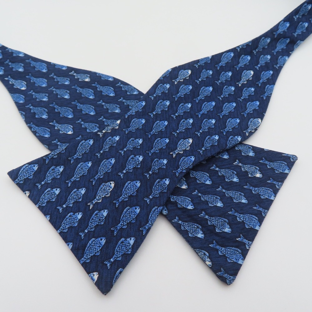 Tuesday Bow Tie Blue White Fish 2.75" Wide Self Tie Cotton